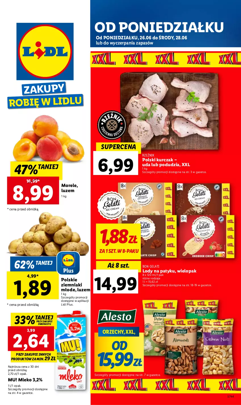 Gazetka promocyjna Lidl - GAZETKA - ważna 26.06 do 28.06.2023 - strona 1 - produkty: Kurczak, Lody, Mleko, Ziemniaki