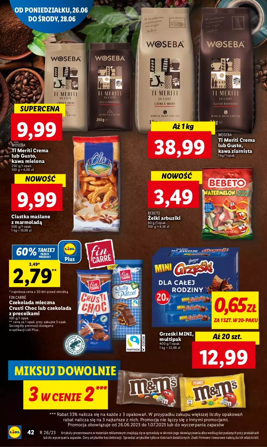 Gazetka promocyjna Lidl - GAZETKA - ważna 26.06 do 28.06.2023 - strona 44 - produkty: Arbuz, Ciastka, Czekolada, Czekolada mleczna, Grześki, Kawa, Kawa mielona, Kawa ziarnista, Mola, Rust, Woseba