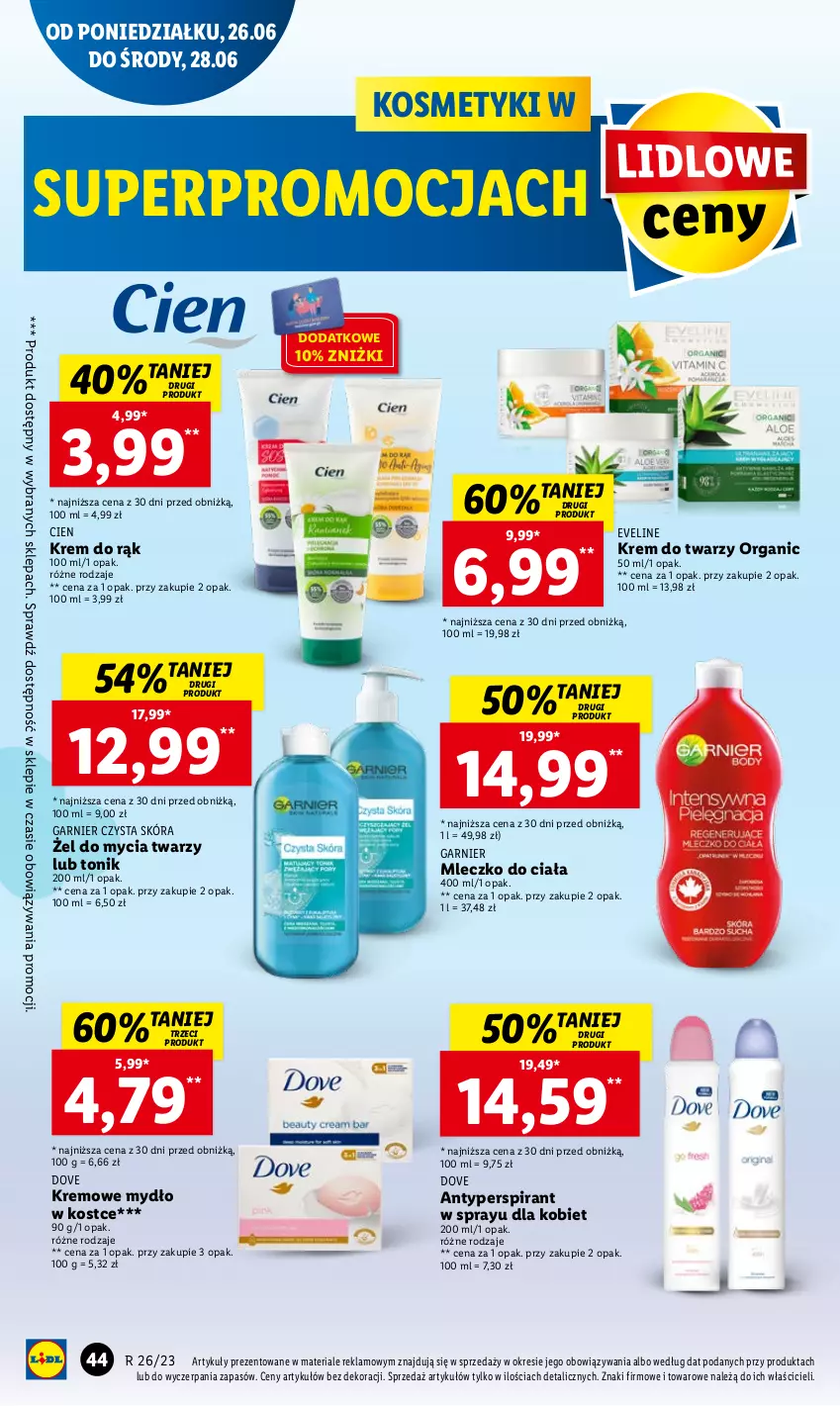 Gazetka promocyjna Lidl - GAZETKA - ważna 26.06 do 28.06.2023 - strona 46 - produkty: Antyperspirant, Dove, Eveline, Garnier, Krem do rąk, Krem do twarzy, Mleczko, Mleczko do ciała, Mydło, Tonik