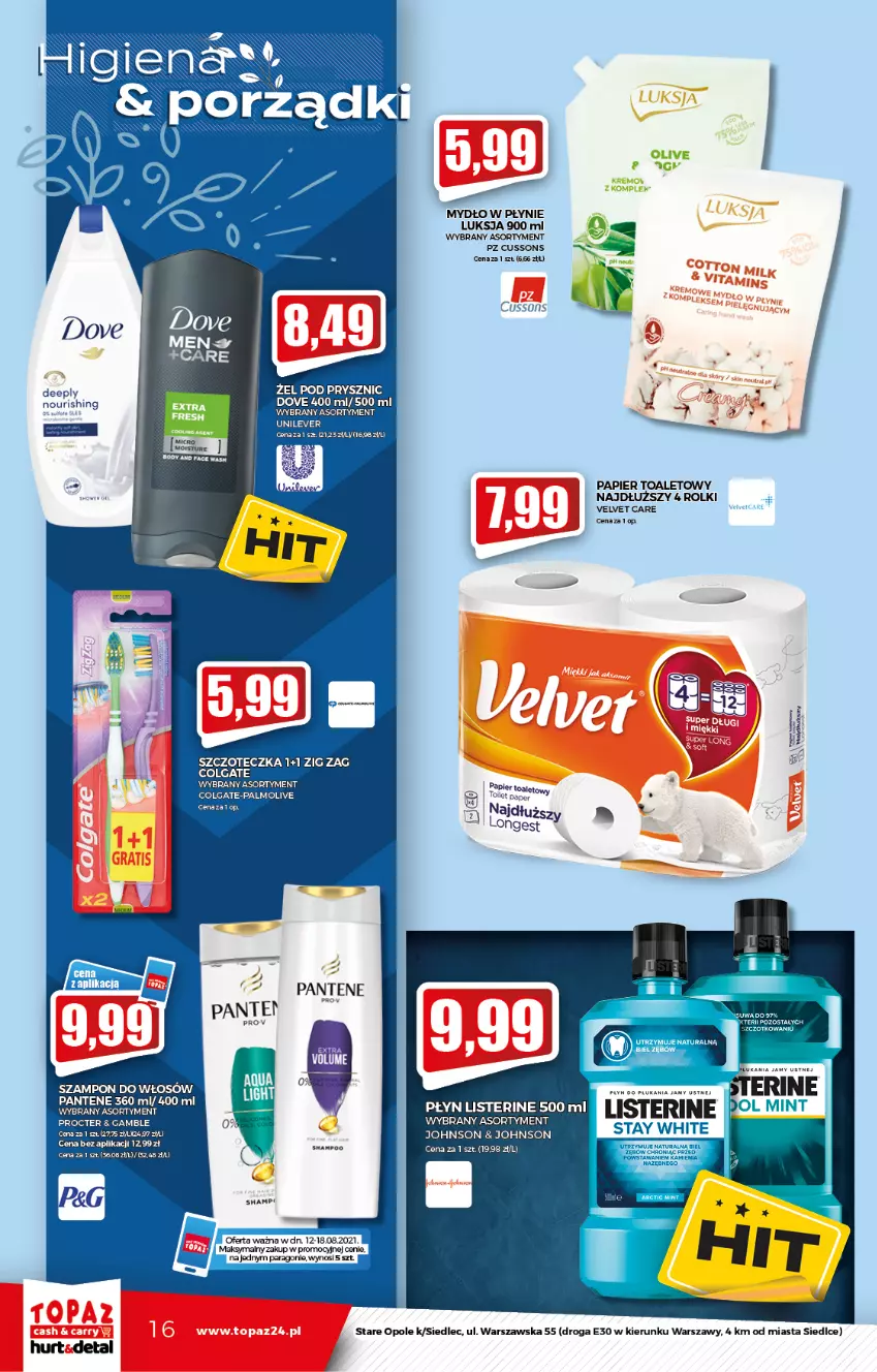 Gazetka promocyjna Topaz - Gazetka - ważna 12.08 do 18.08.2021 - strona 16 - produkty: Colgate, Dove, LG, Listerine, Luksja, Mydło, Mydło w płynie, Palmolive, Pantene, Papier, Papier toaletowy, Rolki, Szampon, Szczoteczka, Velvet