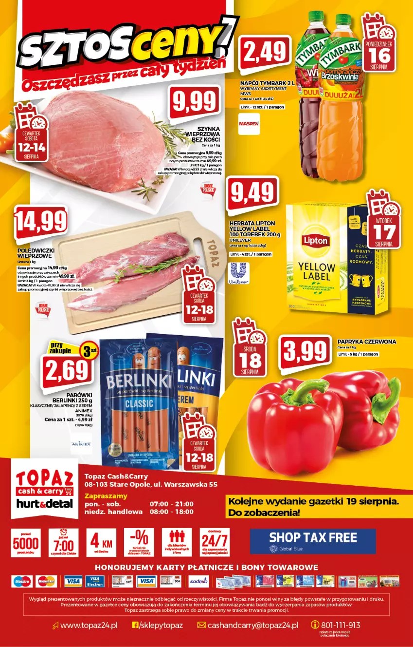 Gazetka promocyjna Topaz - Gazetka - ważna 12.08 do 18.08.2021 - strona 20 - produkty: Gra, Herbata, Lipton, Napój, Olej, Papryka, Papryka czerwona, Parówki, Por, Szynka, Tymbark, Waga