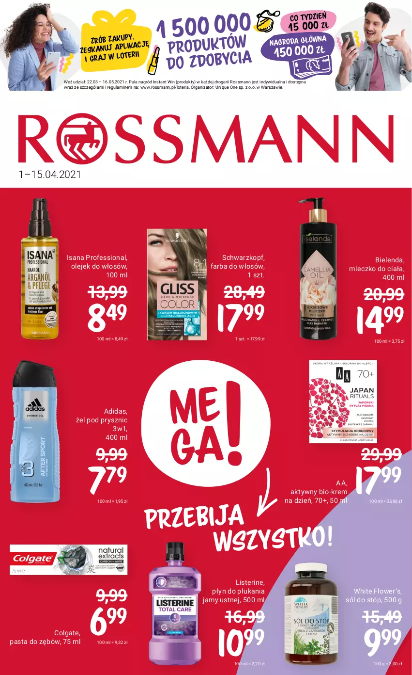 Gazetka promocyjna Rossmann - Kwiecień I - ważna 01.04 do 15.04.2021 - strona 1 - produkty: Adidas, Bielenda, Colgate, Fa, Farba do włosów, Gra, Isana, Krem na dzień, LG, Listerine, Mleczko, Mleczko do ciała, Olej, Pasta do zębów, Płyn do płukania, Płyn do płukania jamy ustnej, Schwarzkopf, Sól