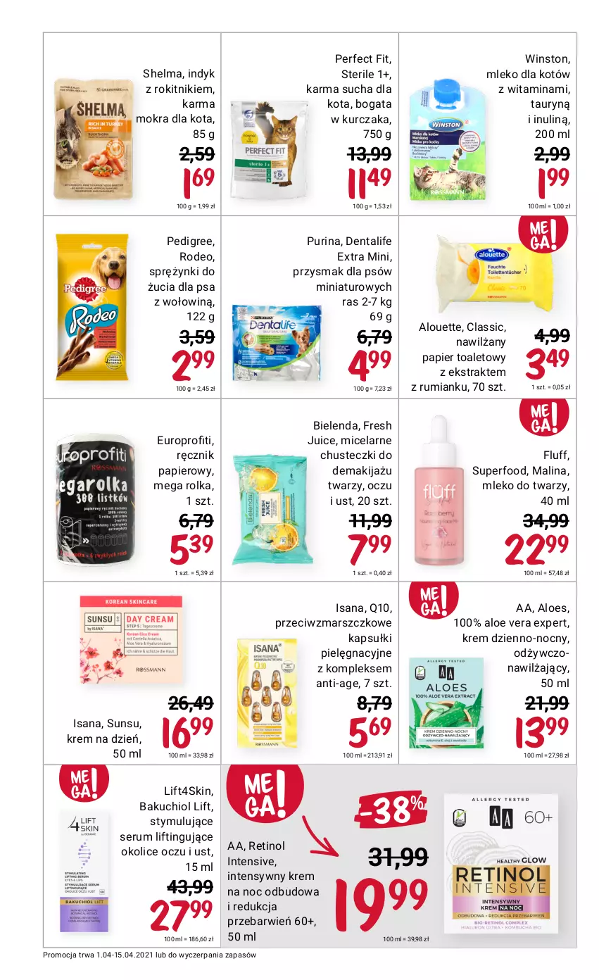 Gazetka promocyjna Rossmann - Kwiecień I - ważna 01.04 do 15.04.2021 - strona 10 - produkty: Aloe vera, Alouette, Bielenda, Chusteczki, Isana, Krem na dzień, Krem na noc, Kurczak, Makijaż, Mars, Mleko, Mleko dla kotów, Nawilżany papier, Papier, Papier toaletowy, Pedigree, Pur, Purina, Ręcznik, Rum, Ser, Serum, Winston