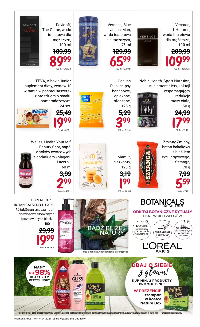 Gazetka promocyjna Rossmann - Kwiecień I - ważna 01.04 do 15.04.2021 - strona 14 - produkty: Acer, Baton, Biszkopty, Chipsy, Davidoff, Fa, Genuss Plus, Kolagen, L’Oréal, Napój, Por, Róża, Ryż, Sok, Sport, Suplement diety, Szampon, Teva, Versace, Woda, Woda toaletowa