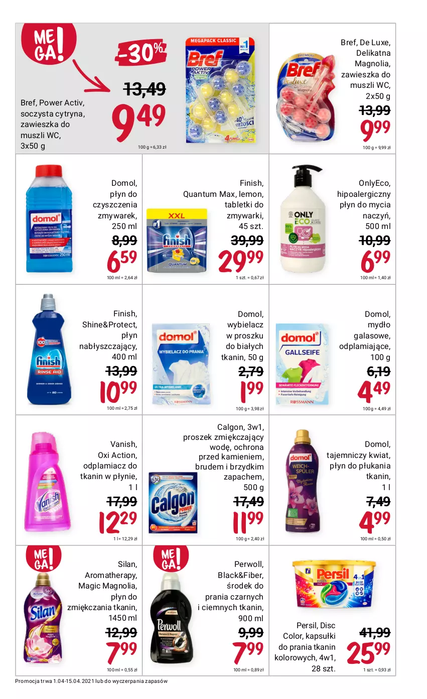 Gazetka promocyjna Rossmann - Kwiecień I - ważna 01.04 do 15.04.2021 - strona 9 - produkty: Bref, Calgon, Do mycia naczyń, Domol, Finish, Gala, Kapsułki do prania, Lack, LG, Mus, Mydło, Odplamiacz, Persil, Perwoll, Płyn do mycia, Płyn do mycia naczyń, Płyn do płukania, Płyn nabłyszczający, Silan, Tablet, Tabletki do zmywarki, Vanish, Zmywarki