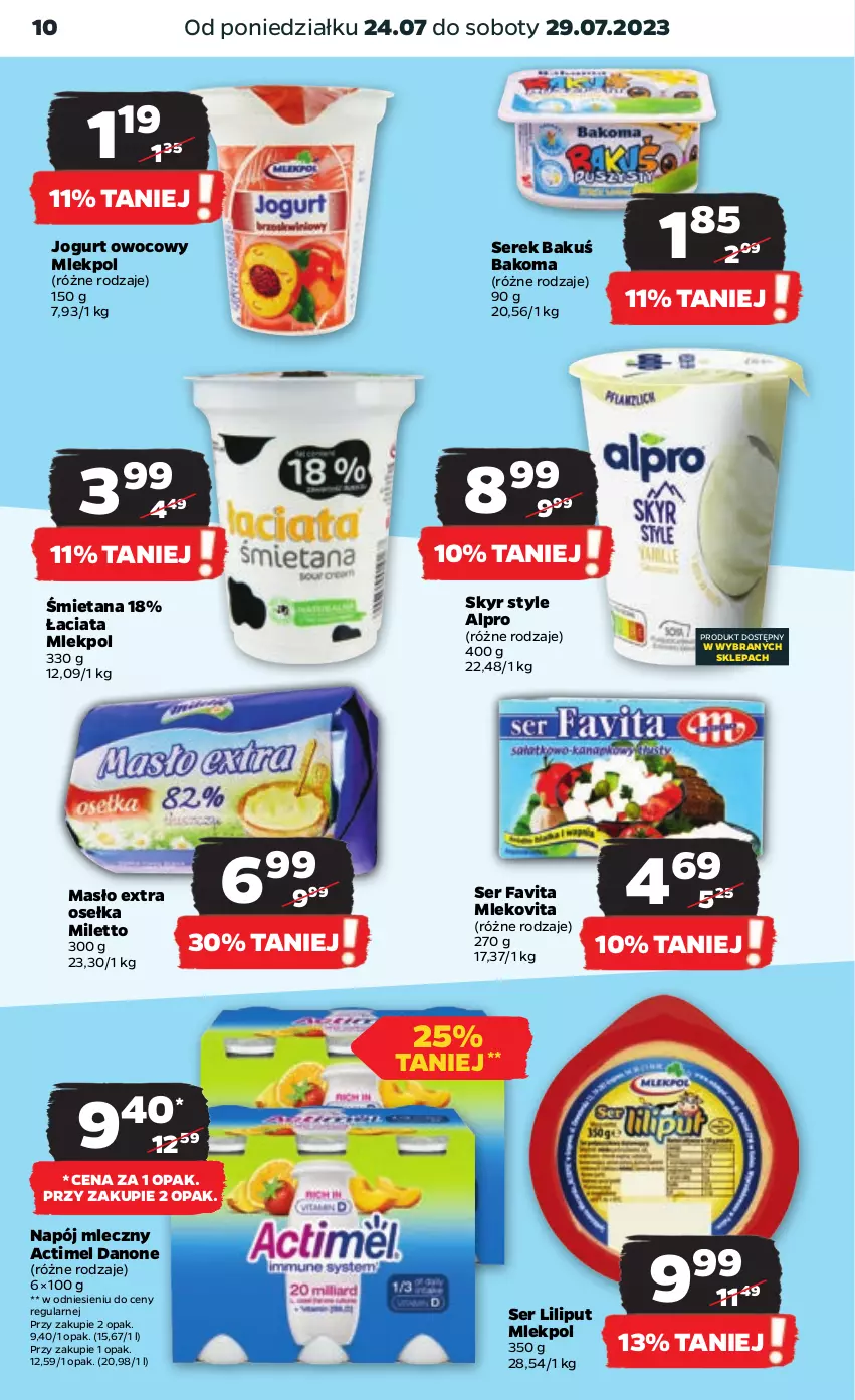 Gazetka promocyjna Netto - Artykuły spożywcze - ważna 24.07 do 29.07.2023 - strona 10 - produkty: Actimel, Alpro, Bakoma, Danone, Fa, Favita, Jogurt, Jogurt owocowy, Masło, Mleko, Mlekovita, Napój, Napój mleczny, Ser, Serek