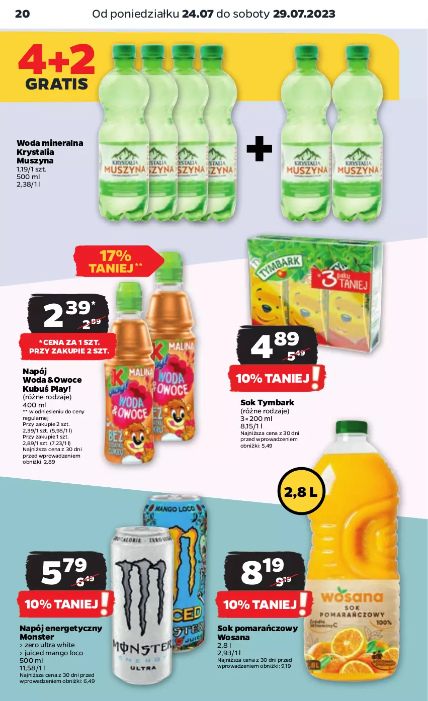 Gazetka promocyjna Netto - Artykuły spożywcze - ważna 24.07 do 29.07.2023 - strona 20 - produkty: Gra, Kubuś, Mango, Mus, Napój, Napój energetyczny, Owoce, Sok, Sok pomarańczowy, Szyna, Tymbark, Woda, Woda mineralna, Wosana