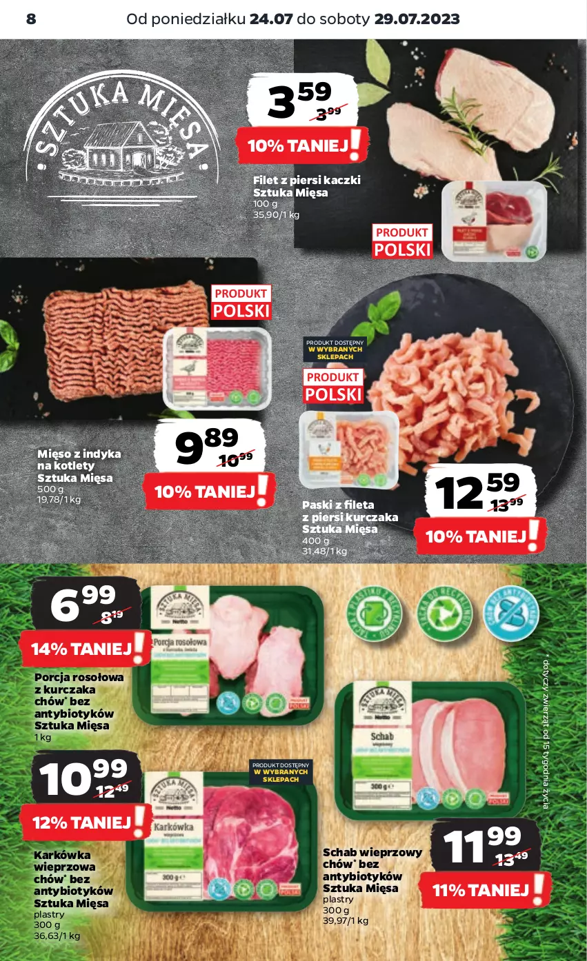 Gazetka promocyjna Netto - Artykuły spożywcze - ważna 24.07 do 29.07.2023 - strona 8 - produkty: Filet z piersi kaczki, Karkówka wieprzowa, Kotlet, Kurczak, Mięso, Mięso z indyka, Por, Schab wieprzowy