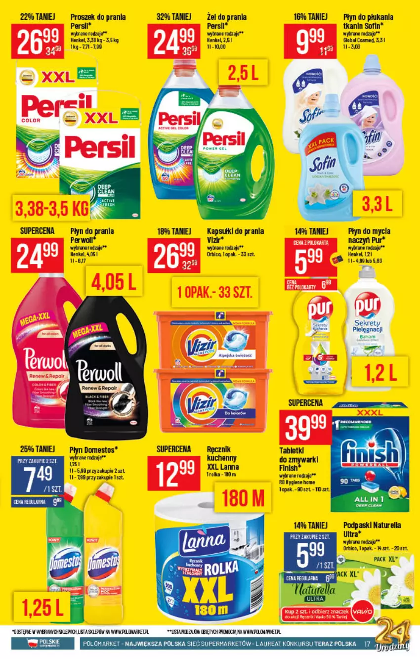 Gazetka promocyjna PoloMarket - Gazetka pomocyjna - ważna 20.10 do 26.10.2021 - strona 17 - produkty: BIC, Do mycia naczyń, Domestos, Fa, Finish, Kapsułki do prania, Kret, Laur, Naturell, Naturella, Płyn do mycia, Płyn do mycia naczyń, Płyn do płukania, Płyn do prania, Podpaski, Proszek do prania, Pur, Ręcznik, Ręcznik kuchenny, Tablet, Tabletki do zmywarki, Tera, Vizir, Zmywarki