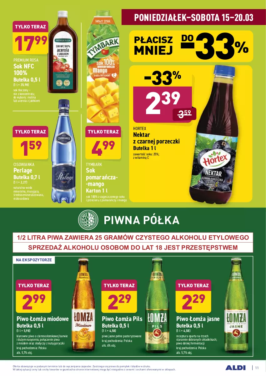 Gazetka promocyjna Aldi - ALE! CENA w ALDI - ważna 15.03 do 27.03.2021 - strona 11 - produkty: Acer, Cisowianka, Gra, Hortex, Mango, Mus, Nektar, Piwa, Piwo, Piwo jasne, Półka, Por, Sok, Tera, Tymbark, Woda, Woda mineralna