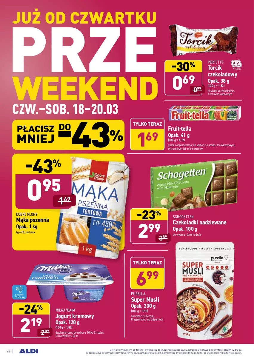 Gazetka promocyjna Aldi - ALE! CENA w ALDI - ważna 15.03 do 27.03.2021 - strona 24 - produkty: Guma rozpuszczalna, Jogurt, Kakao, Mąka, Mąka pszenna, Milka, Mus, Por, Pur, Schogetten, Tera