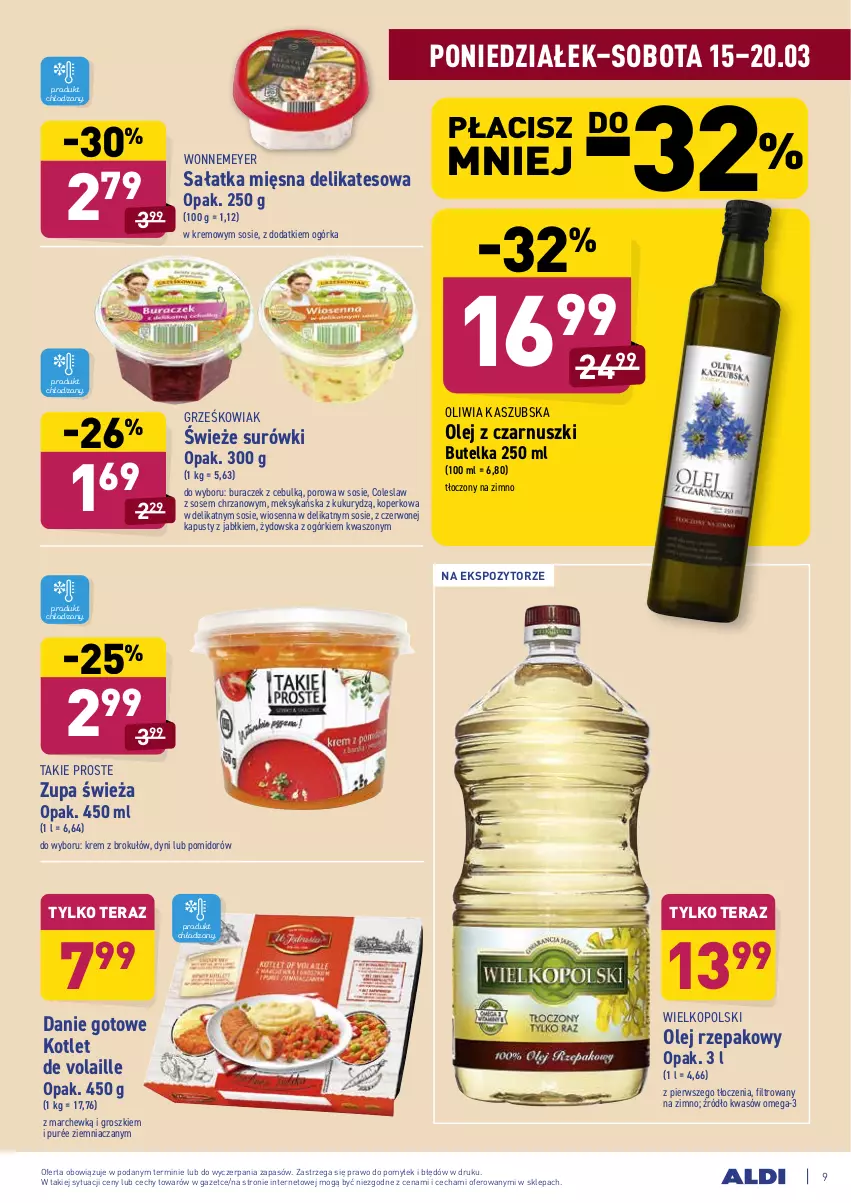 Gazetka promocyjna Aldi - ALE! CENA w ALDI - ważna 15.03 do 27.03.2021 - strona 9 - produkty: Chrzan, Danie gotowe, Kotlet, Olej, Olej rzepakowy, Olej z czarnuszki, Omega-3, Por, Pur, Sałat, Sałatka, Sos, Tera, Zupa