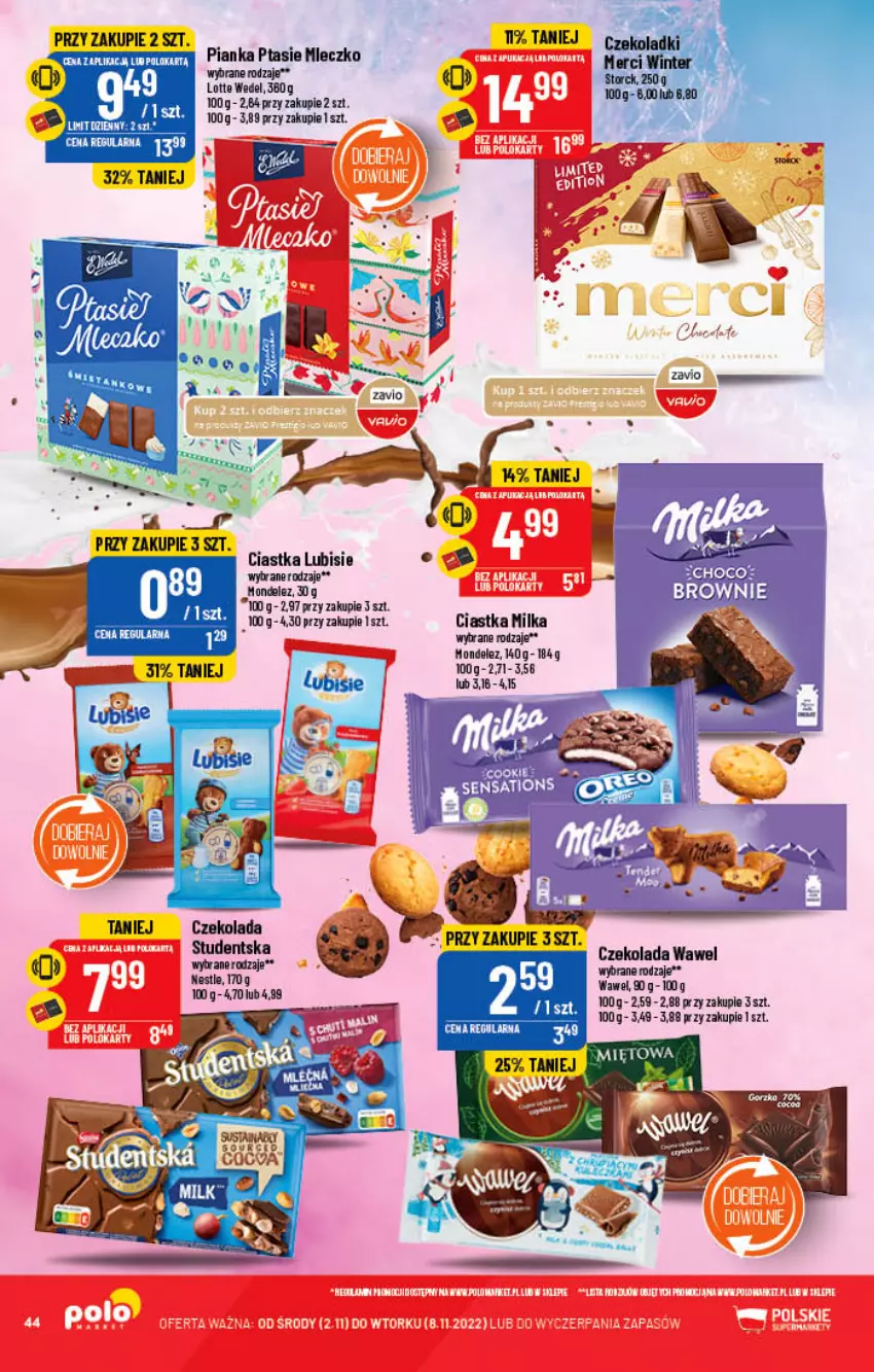 Gazetka promocyjna PoloMarket - Gazetka pomocyjna - ważna 02.11 do 08.11.2022 - strona 44 - produkty: Brownie, Ciastka, Czekolada, Lubisie, Milka, Mleczko, Ptasie mleczko, Wawel