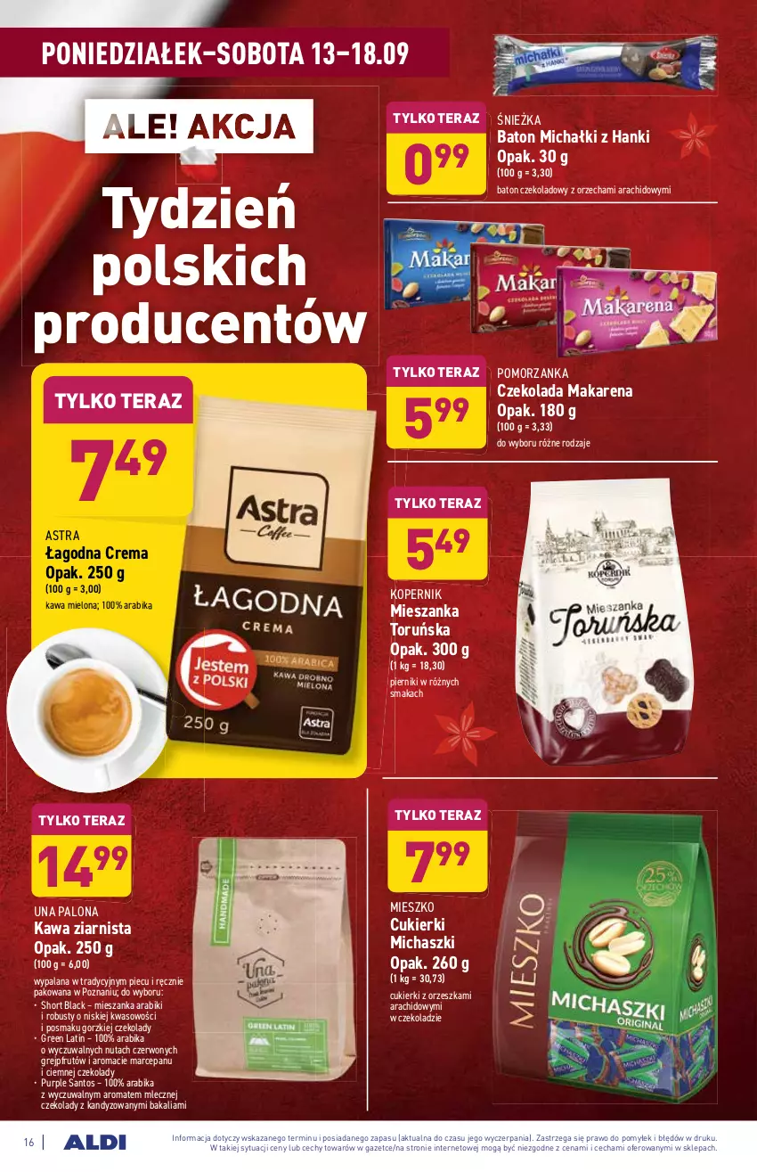 Gazetka promocyjna Aldi - SUPER SMACZNE OKAZJE - ważna 13.09 do 18.09.2021 - strona 16 - produkty: Baton, Cukier, Cukierki, Czekolada, Grejpfrut, Kawa, Kawa mielona, Kawa ziarnista, Lack, LANA, Michałki, Piec, Piernik, Pur, Tera