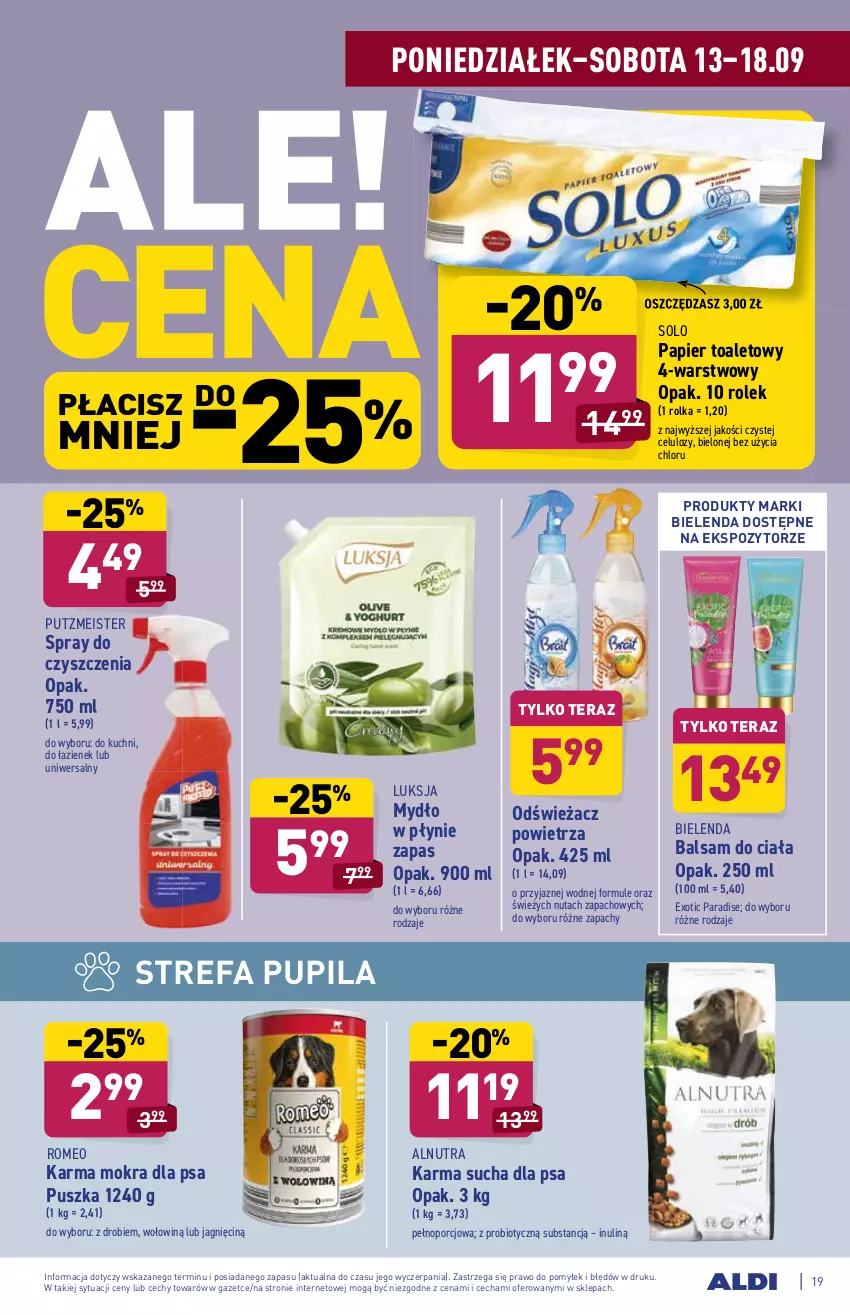 Gazetka promocyjna Aldi - SUPER SMACZNE OKAZJE - ważna 13.09 do 18.09.2021 - strona 19 - produkty: Balsam do ciała, Bielenda, Fa, Luksja, Mule, Mydło, Papier, Papier toaletowy, Por, Putzmeister, Spray do czyszczenia, Tera