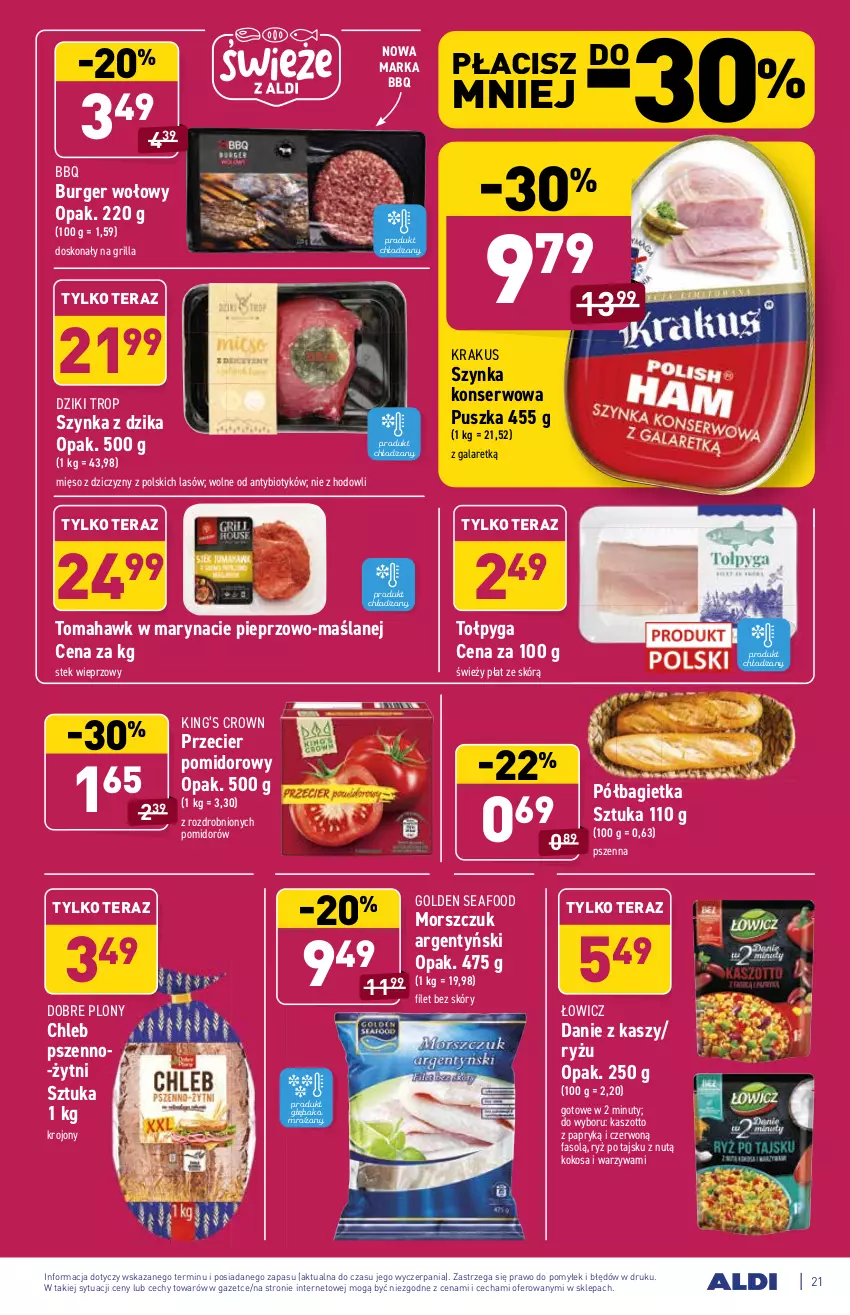 Gazetka promocyjna Aldi - SUPER SMACZNE OKAZJE - ważna 13.09 do 18.09.2021 - strona 21 - produkty: Bagietka, Burger, Chleb, Fa, Gala, Golden Seafood, Grill, King’s Crown, Kokos, Krakus, Mięso, Nuty, Pieprz, Półbagietka, Ryż, Ser, Stek, Stek wieprzowy, Szynka, Szynka konserwowa, Tera, Tołpyga, Warzywa, Zott