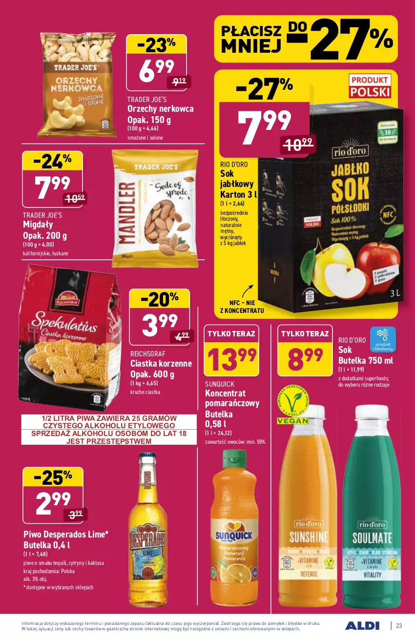 Gazetka promocyjna Aldi - SUPER SMACZNE OKAZJE - ważna 13.09 do 18.09.2021 - strona 23 - produkty: Ciastka, Cytryny, Desperados, Gra, Kaktus, Migdały, Piwa, Piwo, Reichsgraf, Sok, Sok jabłkowy, Tera