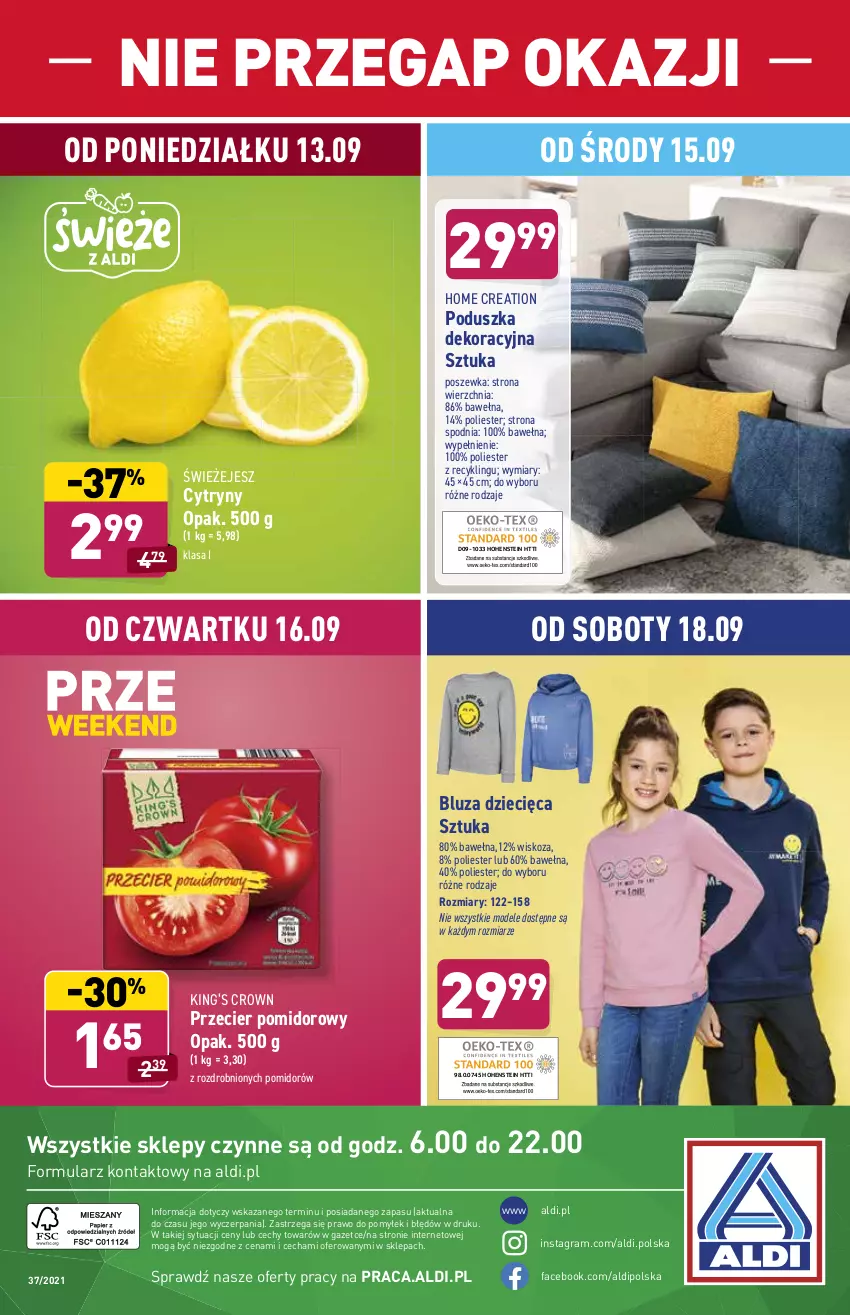 Gazetka promocyjna Aldi - SUPER SMACZNE OKAZJE - ważna 13.09 do 18.09.2021 - strona 26 - produkty: Bluza, Cytryny, Dzieci, Fa, Gra, King’s Crown, Poduszka, Poduszka dekoracyjna, Poszewka, Wełna