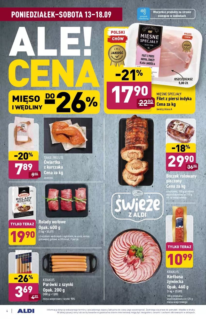 Gazetka promocyjna Aldi - SUPER SMACZNE OKAZJE - ważna 13.09 do 18.09.2021 - strona 4 - produkty: Boczek, Filet z piersi indyka, Kiełbasa, Krakus, Kurczak, Lodówka, Mięsne specjały, Mięso, Mięso wieprzowe, Parówki, Parówki z szynki, Piec, Por, Sos, Tera