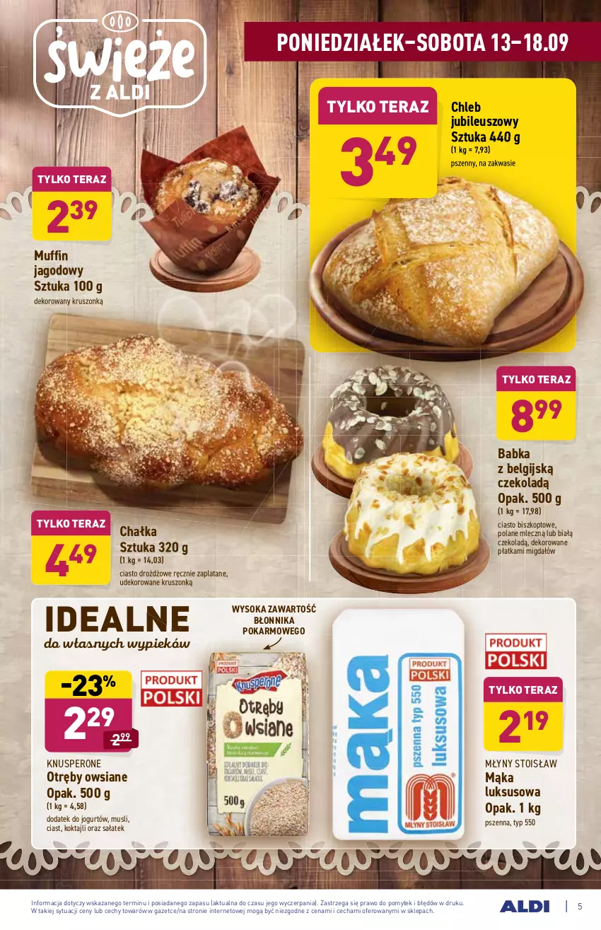 Gazetka promocyjna Aldi - SUPER SMACZNE OKAZJE - ważna 13.09 do 18.09.2021 - strona 5 - produkty: Babka, Chleb, Jogurt, LG, Mąka, Mąka luksusowa, Mus, Sałat, Sok, Tera