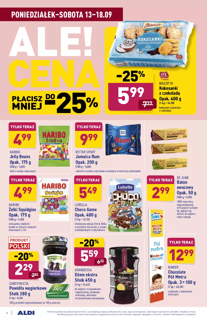 Gazetka promocyjna Aldi - SUPER SMACZNE OKAZJE - ważna 13.09 do 18.09.2021 - strona 6 - produkty: Baton, Bell, Bella, Cukier, Cukierki, Czekolada, Dżem, Gra, Haribo, Jelly beans, Kinder, Kokos, Lubella, Por, Ritter Sport, Rum, Sanki, Ser, Sport, Stek, Tera