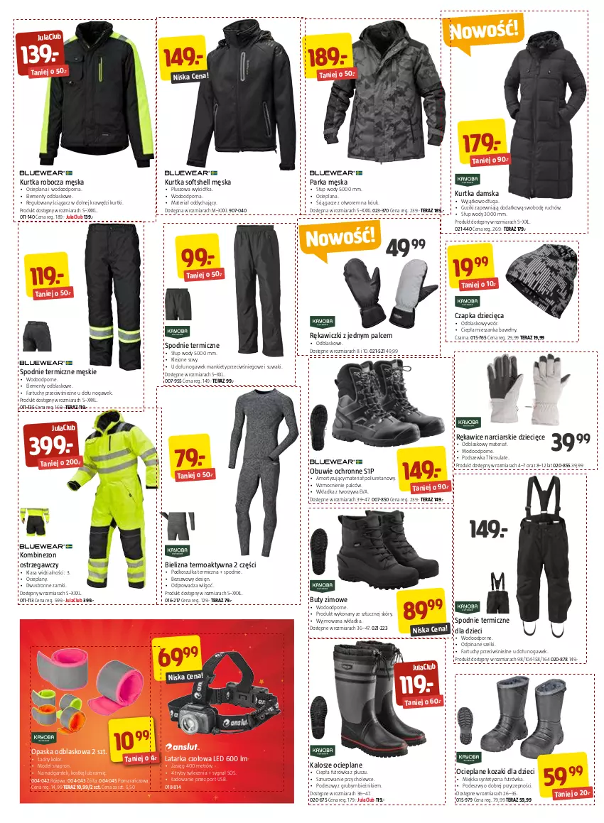 Gazetka promocyjna Jula - Gazetka - ważna 04.11 do 28.11.2022 - strona 5 - produkty: Bielizna, Bieżnik, Buty, Buty zimowe, Czapka, Dzieci, Fa, Klej, Kombinezon, Kosz, Koszulka, Kozaki, Kurtka, Kurtka robocza, Kurtka softshell, LANA, Latarka, Latarka czołowa, LG, Obuwie, Obuwie ochronne, Opaska, Parka, Por, Rękawice, Sos, Spodnie, Stek, Tarka, Tera