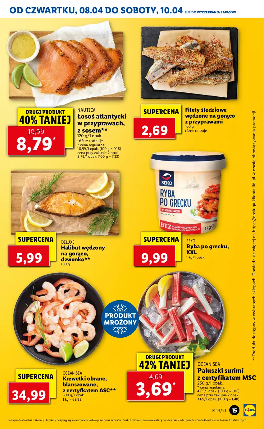 Gazetka promocyjna Lidl - GAZETKA - ważna 08.04 do 10.04.2021 - strona 15 - produkty: Halibut, Krewetki, Ryba, Ryba po grecku, SEKO, Sos, Surimi