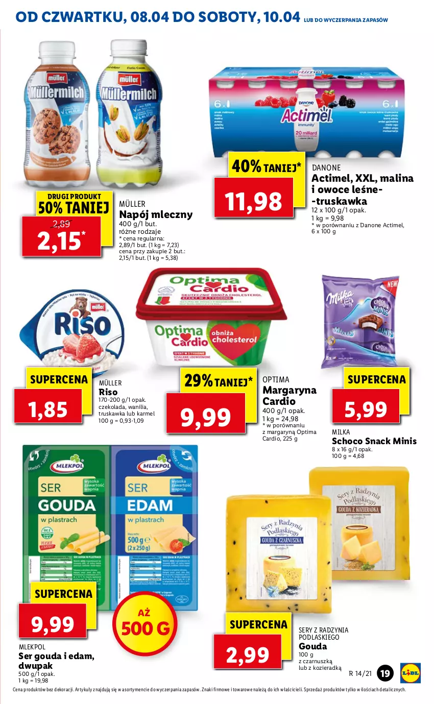 Gazetka promocyjna Lidl - GAZETKA - ważna 08.04 do 10.04.2021 - strona 19 - produkty: Actimel, Czekolada, Danone, Edam, Gouda, Margaryna, Milka, Müller, Napój, Napój mleczny, Optima, Optima Cardio, Owoce, Podlaski, Por, Ser