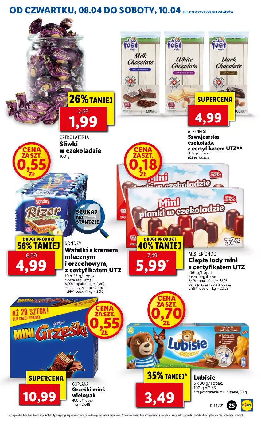 Gazetka promocyjna Lidl - GAZETKA - ważna 08.04 do 10.04.2021 - strona 25 - produkty: Cars, Ciepłe lody, Czekolada, Goplana, Grześki, LANA, Lody, Lubisie, Por