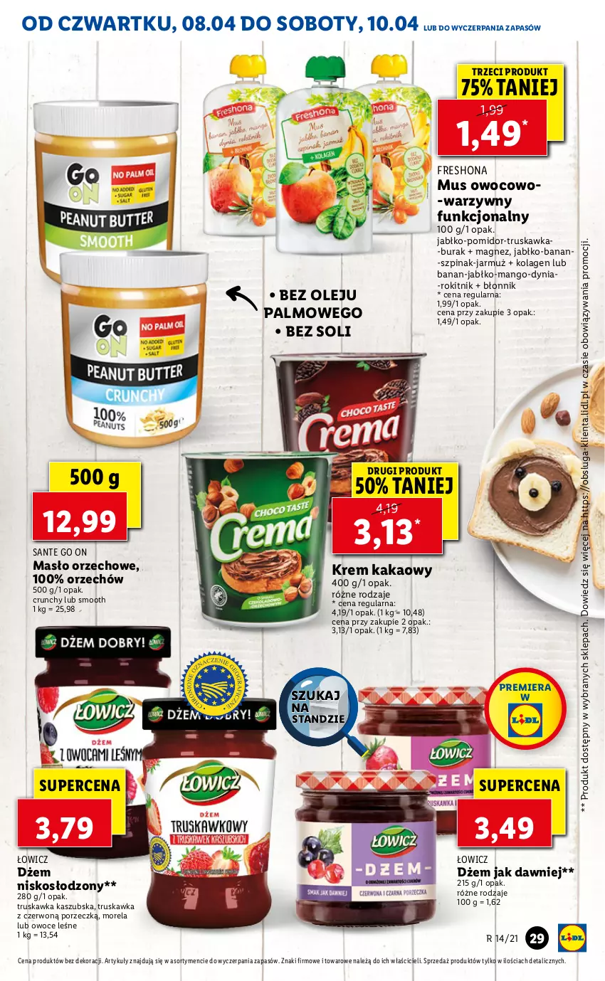 Gazetka promocyjna Lidl - GAZETKA - ważna 08.04 do 10.04.2021 - strona 29 - produkty: Dżem, Jarmuż, Kakao, Kolagen, Magnez, Mango, Masło, Masło orzechowe, Morela, Mus, Olej, Owoce, Por, Sante, Szpinak