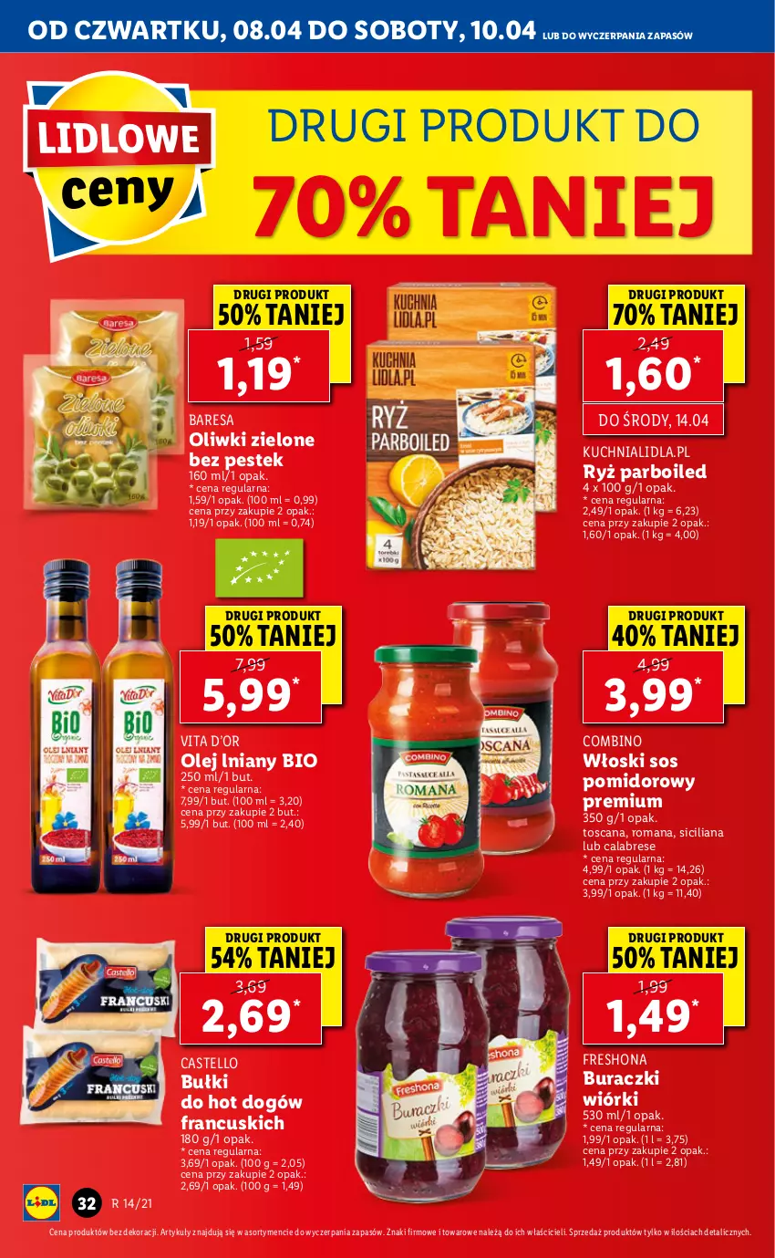 Gazetka promocyjna Lidl - GAZETKA - ważna 08.04 do 10.04.2021 - strona 32 - produkty: Bułki do hot dogów, Buraczki, Hot dog, Kuchnia, Olej, Oliwki, Oliwki zielone, Ryż, Ryż parboiled, Sos, Sos pomidorowy, Stek