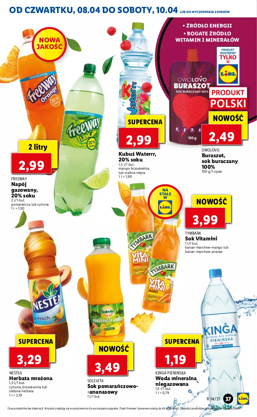 Gazetka promocyjna Lidl - GAZETKA - ważna 08.04 do 10.04.2021 - strona 37 - produkty: Ananas, Herbata, Kubuś, Kubuś Waterrr, Mango, Mięta, Napój, Napój gazowany, Nestea, Sok, Tymbark, Woda, Woda mineralna