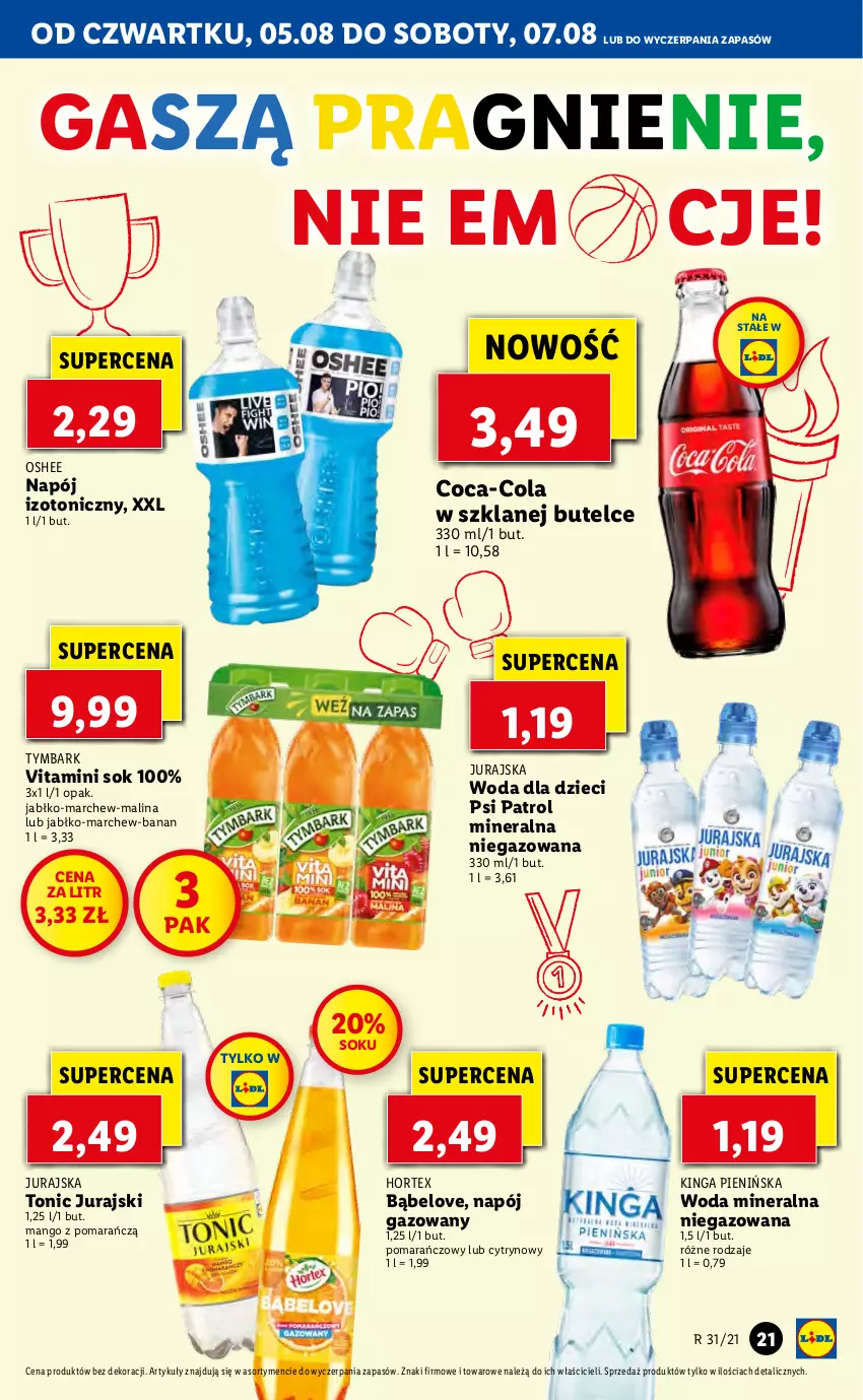 Gazetka promocyjna Lidl - GAZETKA - ważna 05.08 do 07.08.2021 - strona 21 - produkty: Coca-Cola, Dzieci, Hortex, Mango, Napój, Napój gazowany, Napój izotoniczny, Oshee, Psi Patrol, Sok, Tymbark, Woda, Woda mineralna