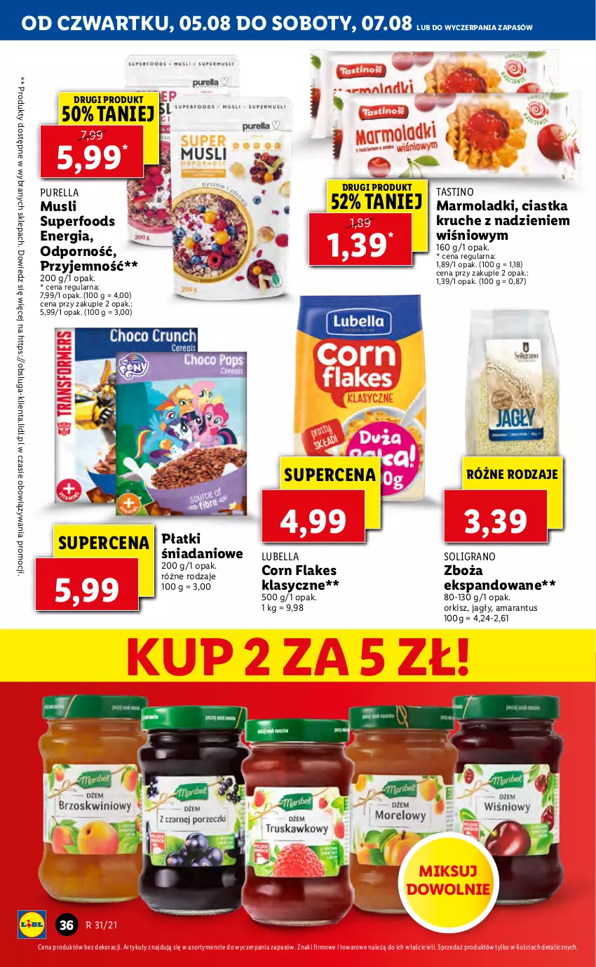 Gazetka promocyjna Lidl - GAZETKA - ważna 05.08 do 07.08.2021 - strona 36 - produkty: Bell, Bella, Ciastka, Corn flakes, Danio, Gra, Lubella, Mola, Mus, Por, Pur, Soligrano