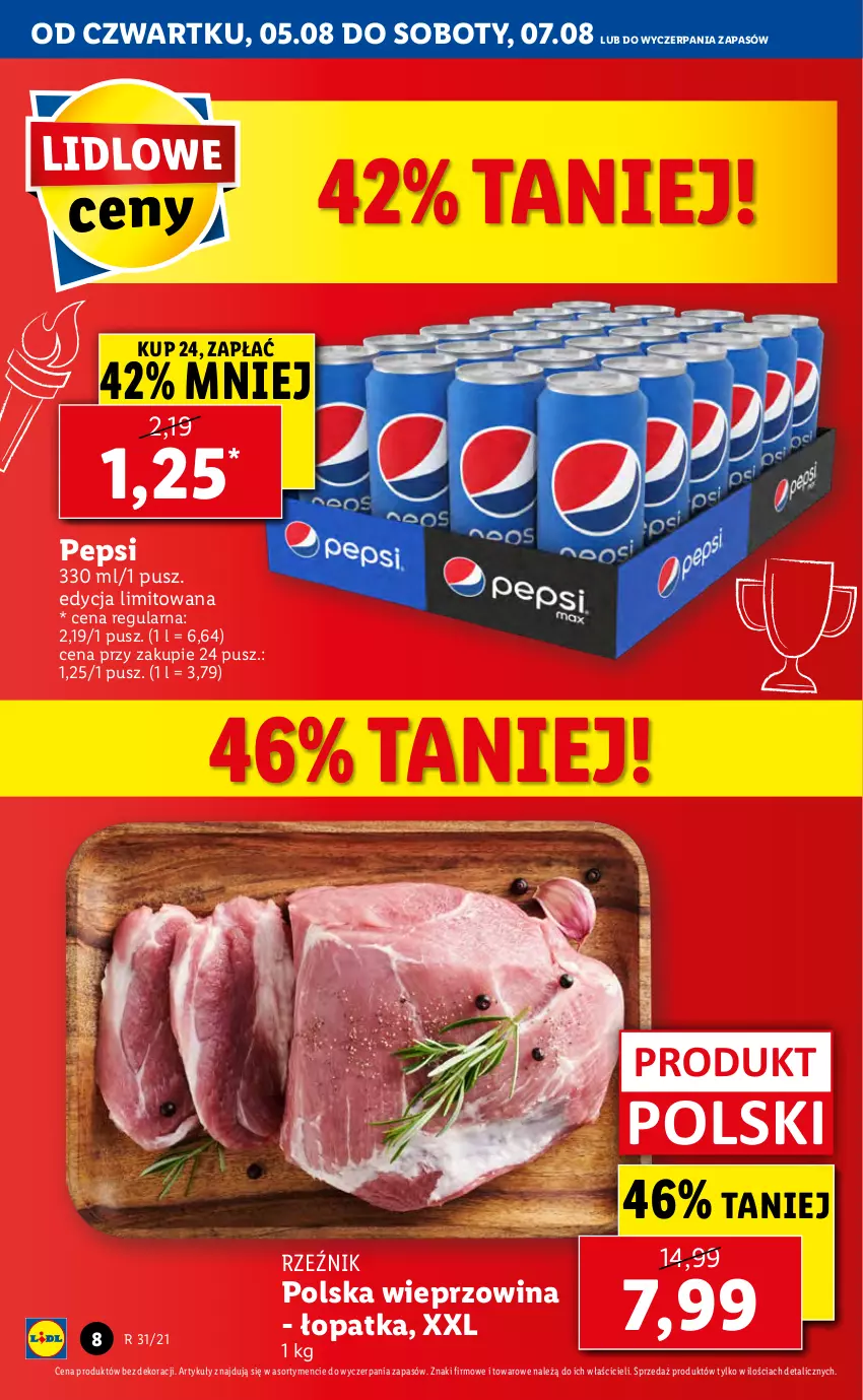 Gazetka promocyjna Lidl - GAZETKA - ważna 05.08 do 07.08.2021 - strona 8 - produkty: Pepsi, Wieprzowina