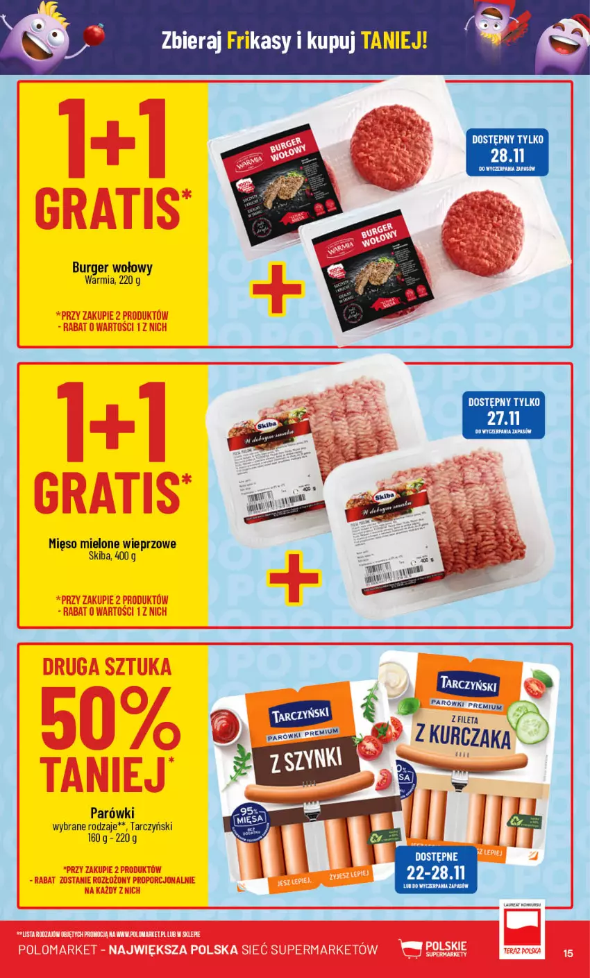 Gazetka promocyjna PoloMarket - Gazetka pomocyjna - ważna 22.11 do 28.11.2023 - strona 15 - produkty: Burger, Mięso, Mięso mielone, Parówki, Tarczyński