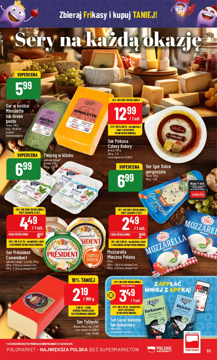 Gazetka promocyjna PoloMarket - Gazetka pomocyjna - ważna 22.11 do 28.11.2023 - strona 35 - produkty: Camembert, Gorgonzola, LANA, LG, Mimolette, Mozzarella, Pesto, Ser, Twaróg