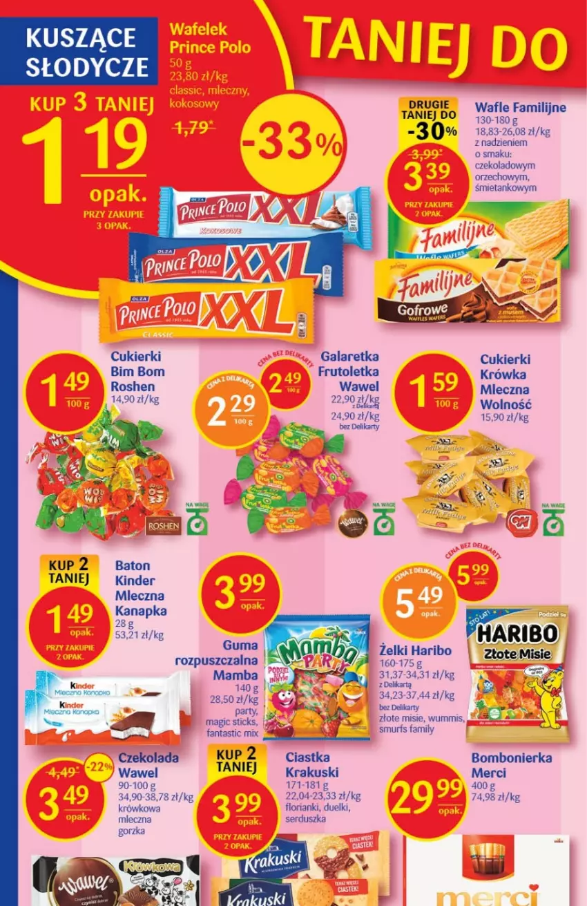 Gazetka promocyjna Delikatesy Centrum - Gazetka DC41 - ważna 20.10 do 26.10.2022 - strona 22 - produkty: Baton, Ciastka, Cukier, Cukierki, Czekolada, Fa, Fanta, Gala, Galaretka, Haribo, Kinder, Krakus, Krakuski, Mamba, Merci, Miecz, Mleczna kanapka, Ser, Wafle, Wawel