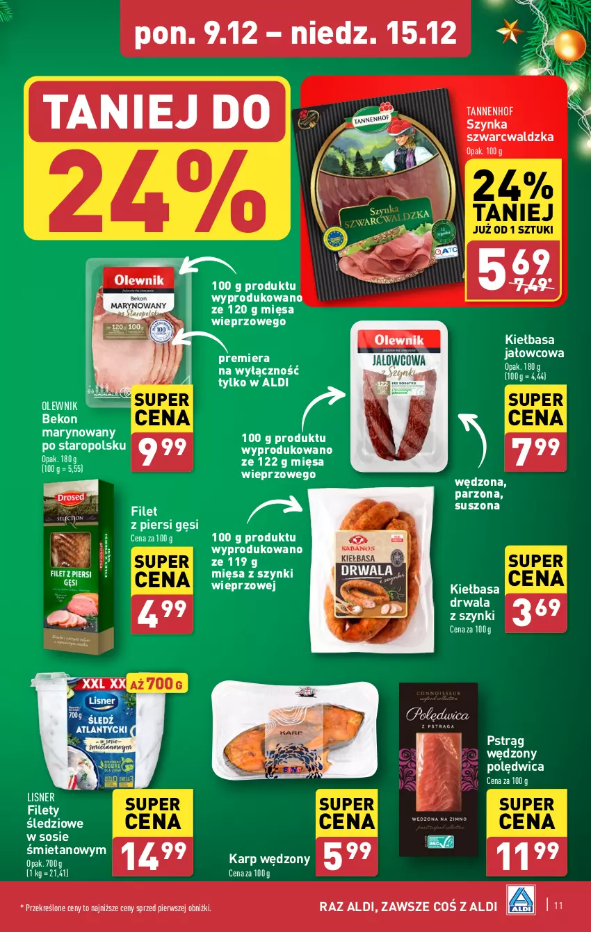 Gazetka promocyjna Aldi - Pełna oferta - ważna 09.12 do 15.12.2024 - strona 11 - produkty: Beko, Filet z piersi gęsi, Karp, Kiełbasa, Lisner, Olewnik, Polędwica, Pstrąg, Pstrąg wędzony, Sos, Szynka