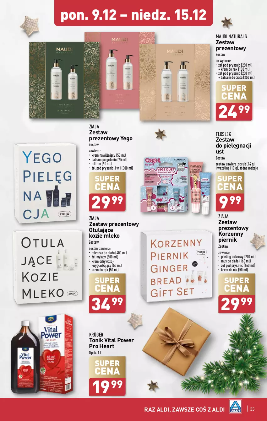 Gazetka promocyjna Aldi - Pełna oferta - ważna 09.12 do 15.12.2024 - strona 33 - produkty: Balsam do ciała, Balsam po goleniu, Krem do rąk, Krem nawilżający, Maudi Naturals, Mleczko, Mleczko do ciała, Mleko, Mus, Peeling, Piernik, Tonik, Zestaw prezentowy, Ziaja