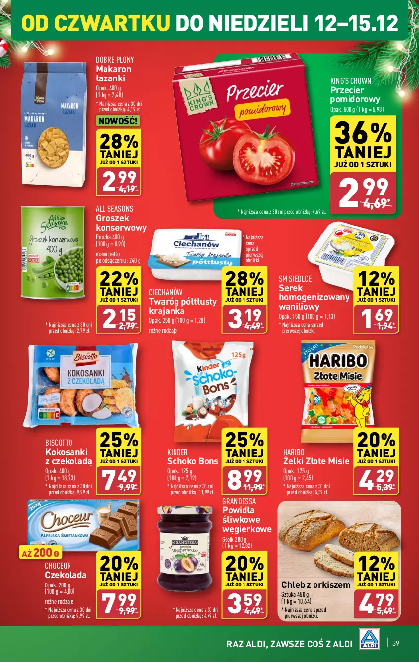 Gazetka promocyjna Aldi - Pełna oferta - ważna 09.12 do 15.12.2024 - strona 39 - produkty: All Seasons, Chleb, Czekolada, Gra, Groszek, Haribo, Kinder, Kokos, Makaron, Sanki, Ser, Serek, Serek homogenizowany, Twaróg, Twaróg półtłusty