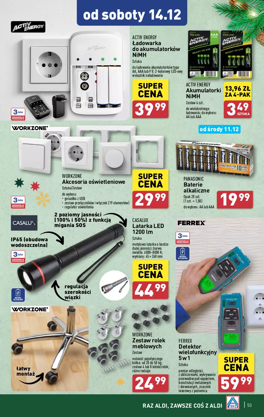 Gazetka promocyjna Aldi - Pełna oferta - ważna 09.12 do 15.12.2024 - strona 53 - produkty: Akumulator, Bateria, Baterie alkaliczne, Latarka, Latarka LED, Panasonic, Ser, Sos, Tarka, Warka