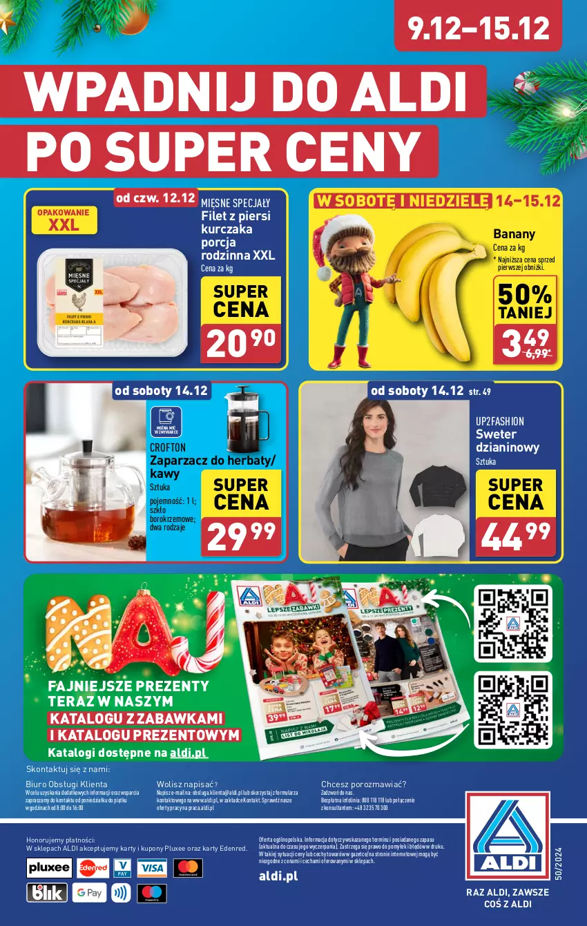 Gazetka promocyjna Aldi - Pełna oferta - ważna 09.12 do 15.12.2024 - strona 54 - produkty: Banany, Biuro, Fa, Filet z piersi kurczaka, Kurczak, Mięsne specjały, O nas, Por, Sweter, Tera, Zabawka, Zaparzacz, Zaparzacz do herbaty