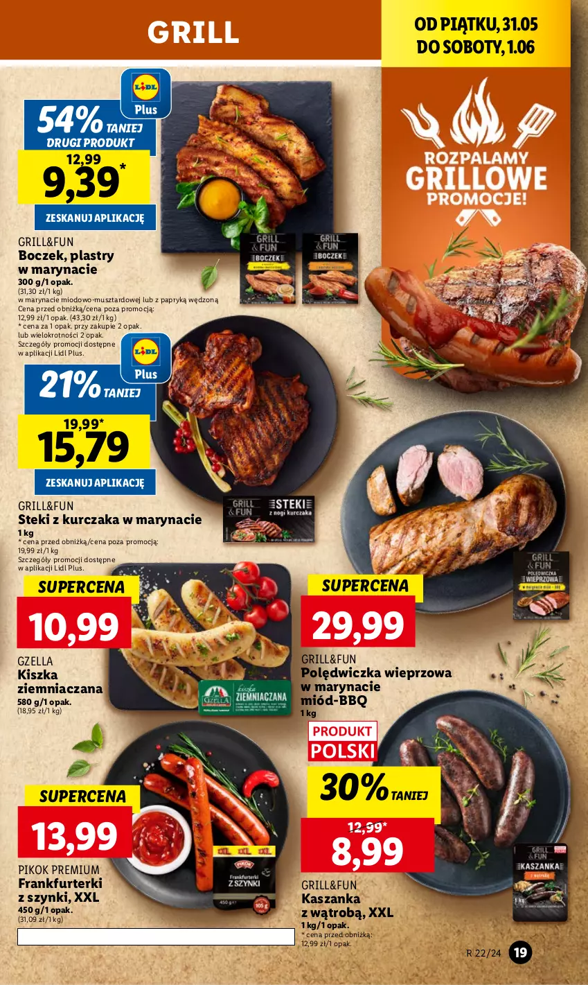 Gazetka promocyjna Lidl - GAZETKA - ważna 31.05 do 01.06.2024 - strona 21 - produkty: Boczek, Frankfurterki, Grill, Kasza, Kaszanka, Kurczak, Miód, Mus, PIKOK, Polędwiczka wieprzowa, Stek