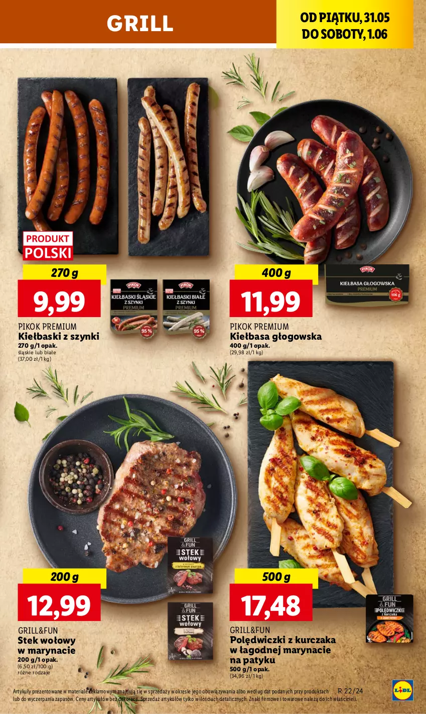 Gazetka promocyjna Lidl - GAZETKA - ważna 31.05 do 01.06.2024 - strona 23 - produkty: Grill, Kiełbasa, Kiełbasa głogowska, Kurczak, PIKOK, Polędwiczki z kurczaka, Stek, Stek wołowy