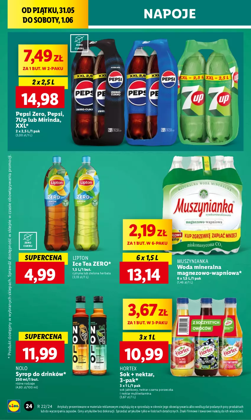 Gazetka promocyjna Lidl - GAZETKA - ważna 31.05 do 01.06.2024 - strona 32 - produkty: 7up, Herbata, Hortex, Ice tea, Lipton, Magnez, Mirinda, Mus, Muszynianka, Napoje, Nektar, Pepsi, Por, Sok, Sok jabłkowy, Syrop, Woda, Woda mineralna