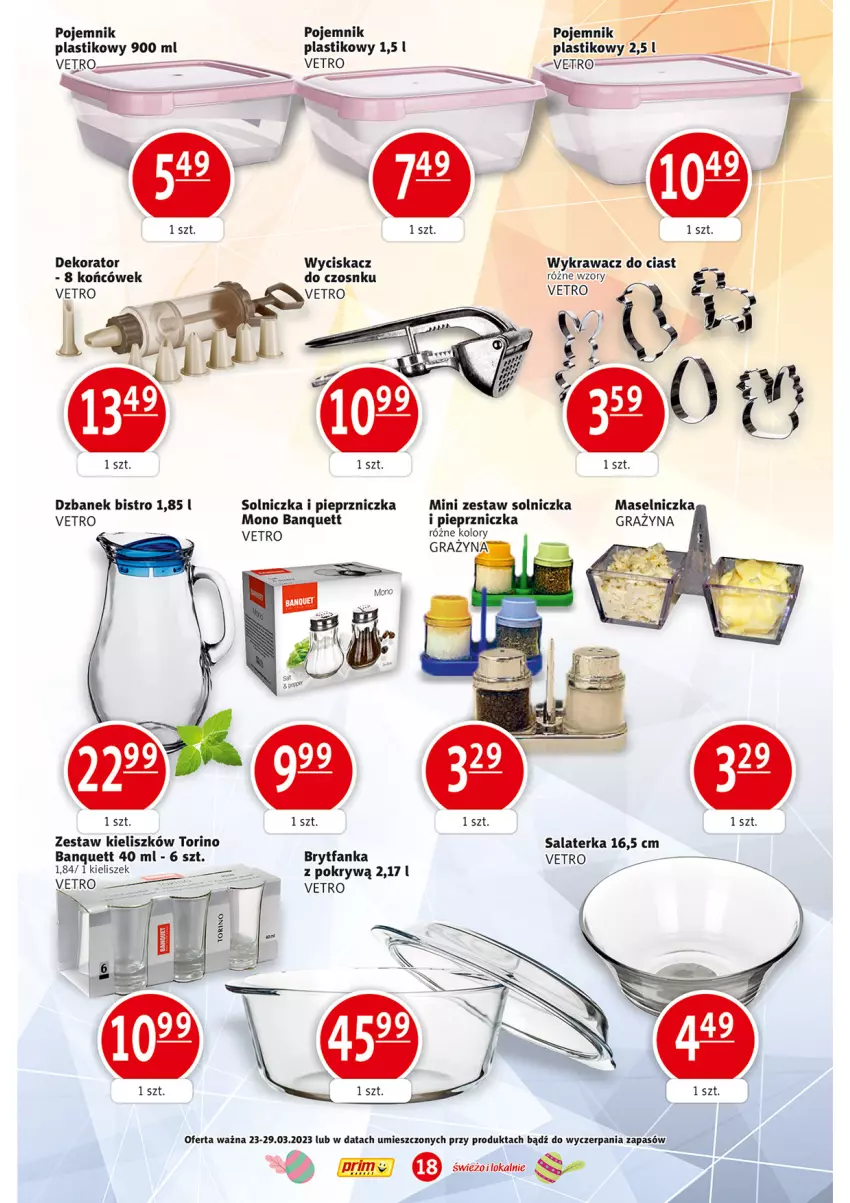 Gazetka promocyjna Prim Market - ważna 23.03 do 29.03.2023 - strona 18 - produkty: Brytfanka, Dekorator, Dzbanek, Fa, Gra, Kieliszek, Maselniczka, Pieprz, Pieprzniczka, Pojemnik, Salaterka, Solniczka, Znicz