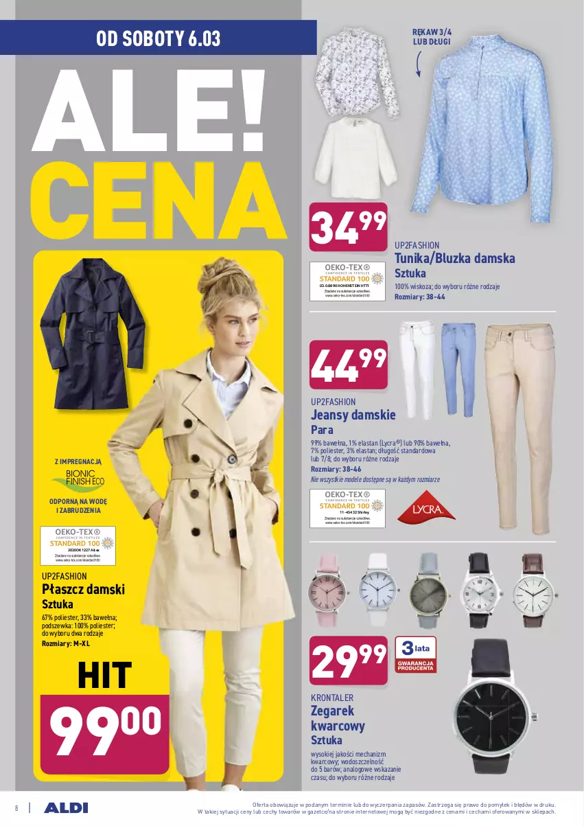 Gazetka promocyjna Aldi - Od Środy i Soboty - ważna 03.03 do 06.03.2021 - strona 8 - produkty: Fa, Płaszcz, Por, Sok, Tunika, Wełna, Zegar, Zegarek