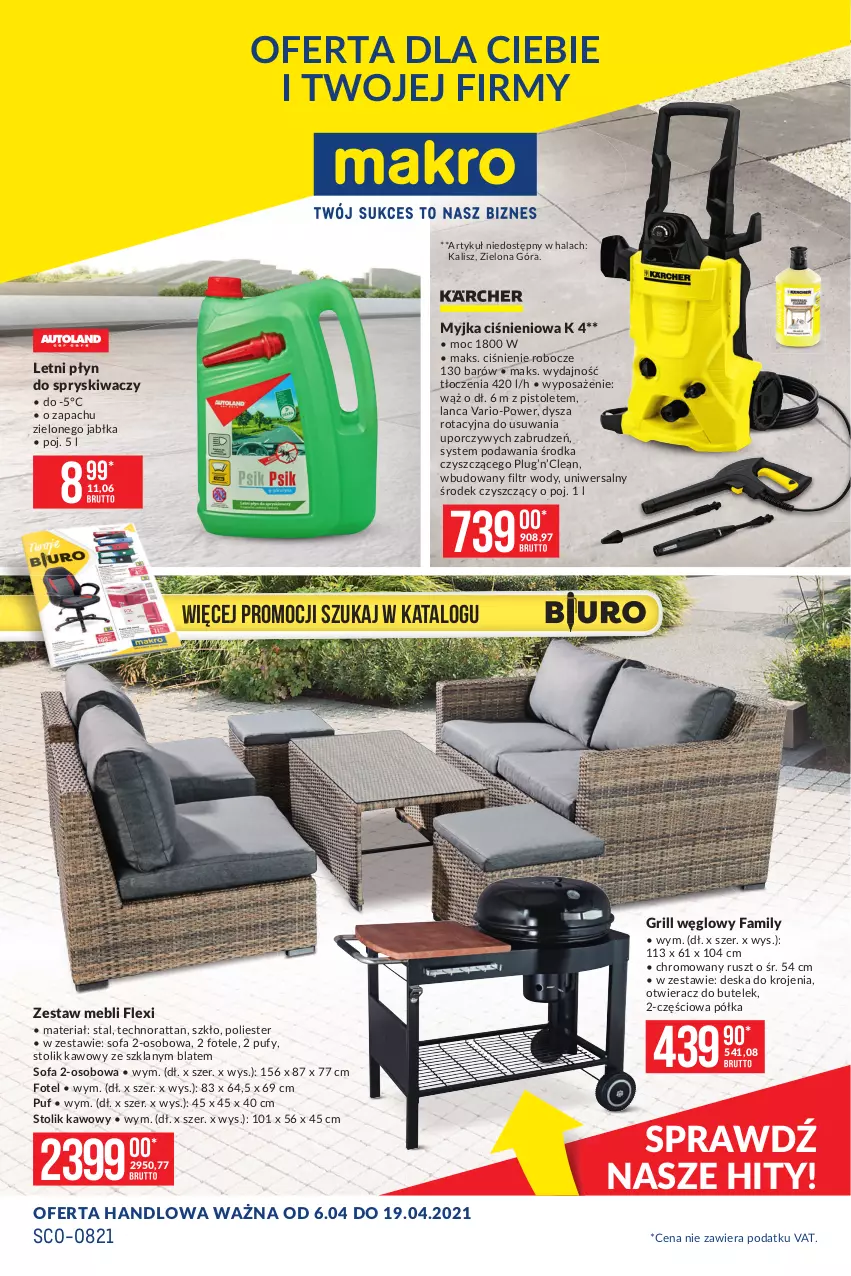 Gazetka promocyjna Makro - [Oferta promocyjna] Artykuły przemysłowe - ważna 06.04 do 19.04.2021 - strona 1 - produkty: Deska do krojenia, Fa, Fotel, Grill, Jabłka, Myjka ciśnieniowa, Otwieracz, Pistolet, Płyn do spryskiwaczy, Półka, Por, Puf, Sofa, Sofa 2-osobowa, Stolik, Stolik kawowy