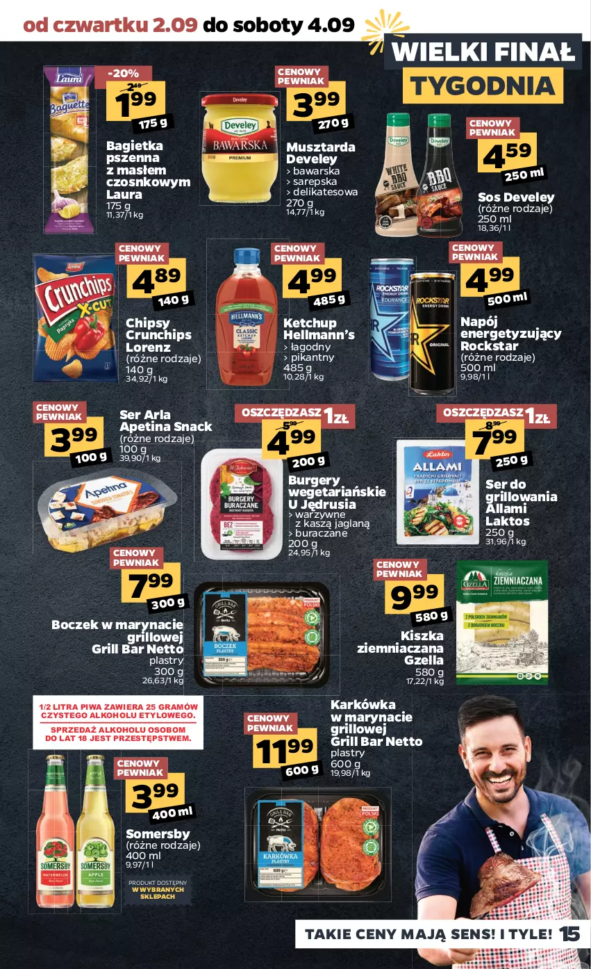 Gazetka promocyjna Netto - Gazetka spożywcza - ważna 30.08 do 04.09.2021 - strona 15 - produkty: Bagietka, Bagietka pszenna, Boczek, Burger, Chipsy, Crunchips, Gra, Grill, Hellmann’s, Ketchup, Laur, Lorenz, Mus, Musztarda, Napój, Piwa, Ser, Somersby, Sos